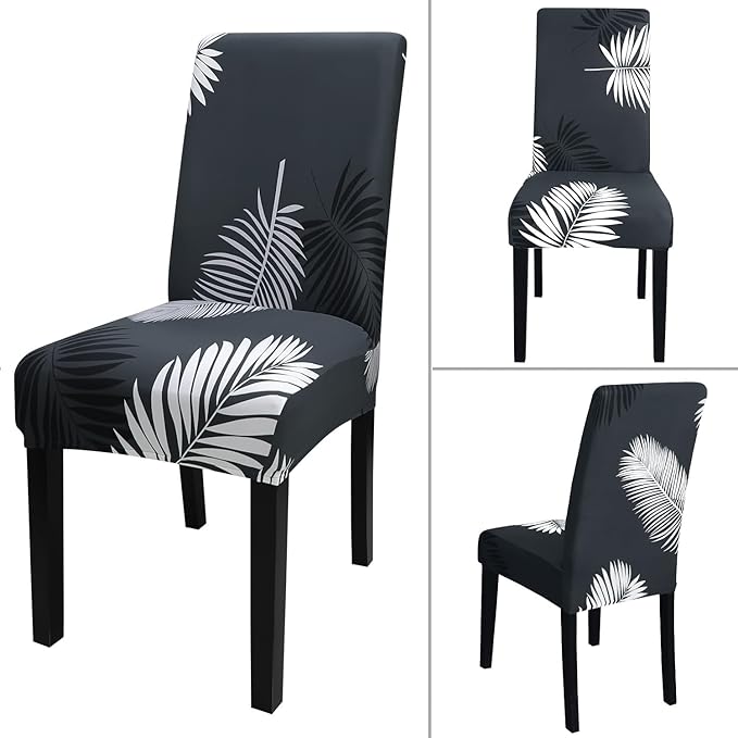 JQinHome Pattern Chair Covers for Dining Room Set of 4, High Stretch Removable Washable Parsons Chair Slipcover for Home Party Hotel Wedding Ceremony (Plume Black,4PCS)-Ruum Studio Home