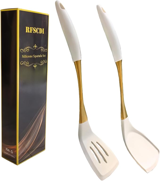 Heat-Resistant Silicone Kitchen Spatula Set – Non-Toxic Cooking Utensils with Solid & Slotted Designs –Food Grade Silicone and Stainless Steel Handles –Ideal for Nonstick Cookware, Gold-Ruum Studio Home
