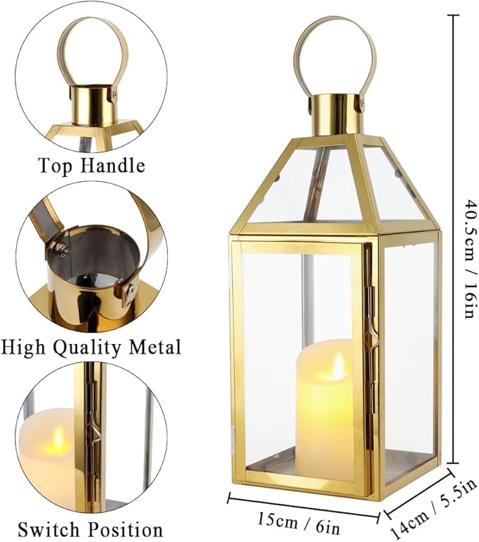 JHY Design Gold Decorative Lanterns 16" H Stainless Steel Candle Lanterns with Tempered Glass for Indoor Outdoor Events Parities and Weddings-Ruum Studio Home