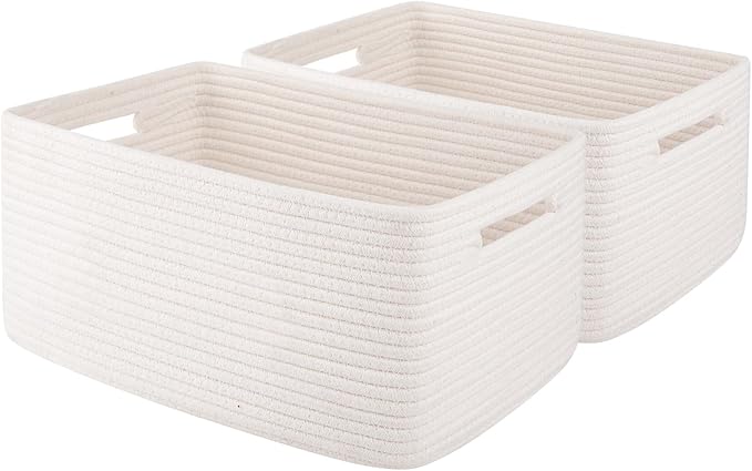 OIAHOMY Storage Basket for Shelves, Closet Cube Storage Bins Baskets for Clothes Blanket Towels, Baby Nursery, Toy Baskets Box, Woven Rope Basket, 15.75*11.81*7.09 IN, 2 Packs White-Ruum Studio Home