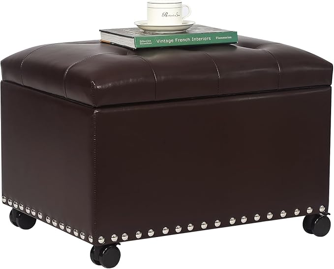 Joveco Leather Storage Ottoman with 360° Wheels 24" Rolling Foot Rest Bench Rectangle Ottomans Stool for Living Room Bedroom (Brown, Wheels)-Ruum Studio Home