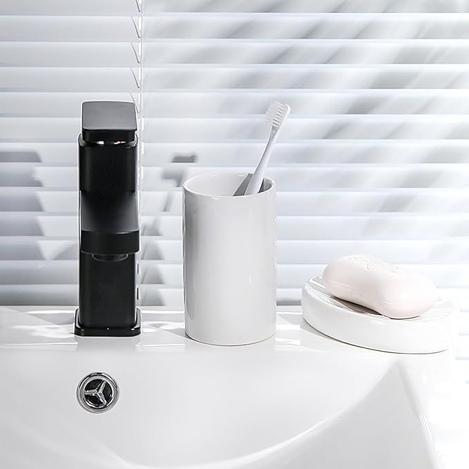 White Ceramic Toothbrush Holder, Tumbler Cups Reusable Toothbrush Mouthwash Cup,Makeup Brush Holder, Bathroom Counter Organizer(300ml)-Ruum Studio Home