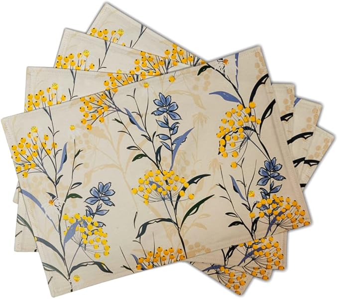 Floral Placemats Set of 4 Vintage Floral Summer Flowers Yellow Placemats for Kitchen Table Linen Placemats Washable Non-Slip Heat Resistant Place Mats for Party Kitchen Dining Decorations 18x12 Inch-Ruum Studio Home