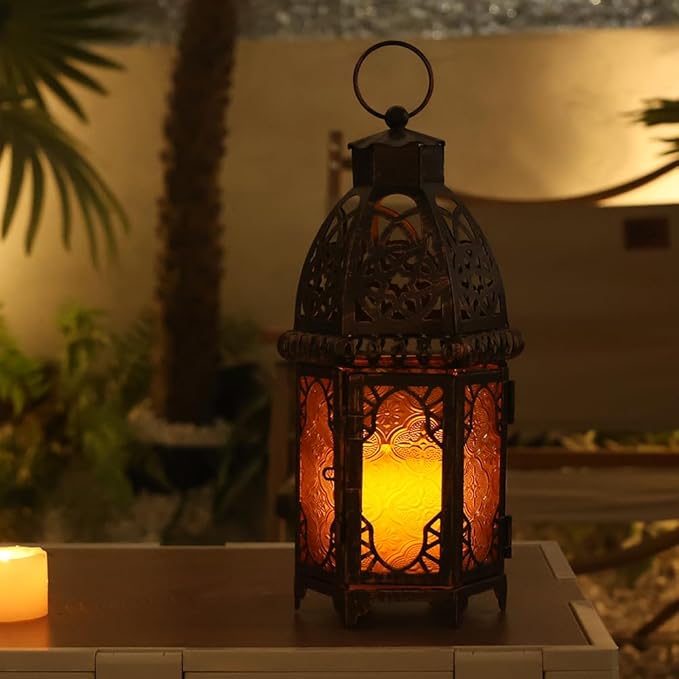 NEEDOMO 12.8'' Moroccan Lanterns Decorative Indoor & Outdoor, Vintage Christmas Candle Holder, Metal Lanterns Decorative, Table, Patio, Porch, Shelf, Christmas Spring Halloween Home Decor (Amber)-Ruum Studio Home