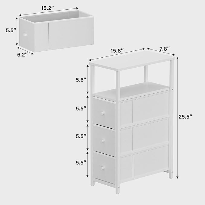 TUTOTAK Narrow Night Stand, Slim End Table, Tall Side Table with 3 Fabric Drawer, Small Bedside Table with Storage, Set of 2, for Living Room, Bedroom, White TB01BW072-Ruum Studio Home