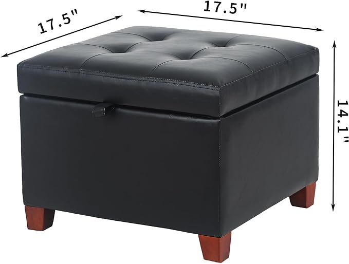 Adeco Faux Leather Storage Ottoman with Hinged Lid, 14 Inch High Black Square Cube Foot Stool with Storage, Upholstered Vanity Stool with Solid Wood Legs for Living Room, Bedroom, Dorm-Ruum Studio Home
