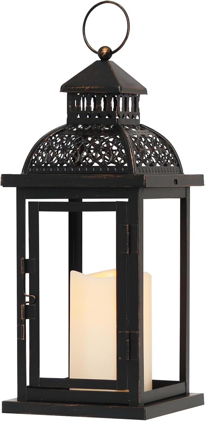 NEEDOMO Lanterns Decorative Indoor & Outdoor, 15'' Lantern with LED Candle, Vintage Metal Hanging Lanterns for Patio, Front Porch,Yard, Table, Spring (NO Glass)-Ruum Studio Home