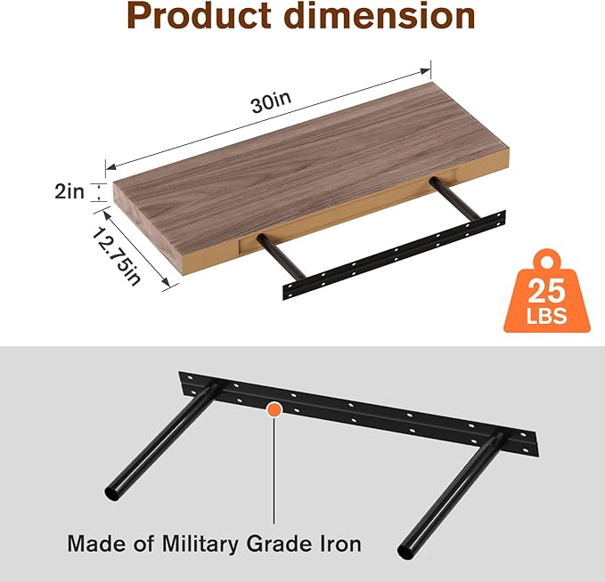 Floating Shelf, Set of 2 Wall Shelf, 30 in W x 12.75 in D x 2 in H Wooden Floating Wall Shelf with Invisible Brackets for Living Room/Bedroom/Bathroom/Kitchen Storage and Decor, Walnut-Ruum Studio Home