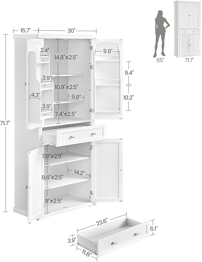 VASAGLE Pantry Cabinet, 71.7-Inch High Freestanding Tall Cupboard Storage Cabinet with a Drawer, 2 Cabinets, 4 Adjustable Shelves, 6 Door Shelves, for Living Room, Kitchen, White UBBC561P31V2-Ruum Studio Home