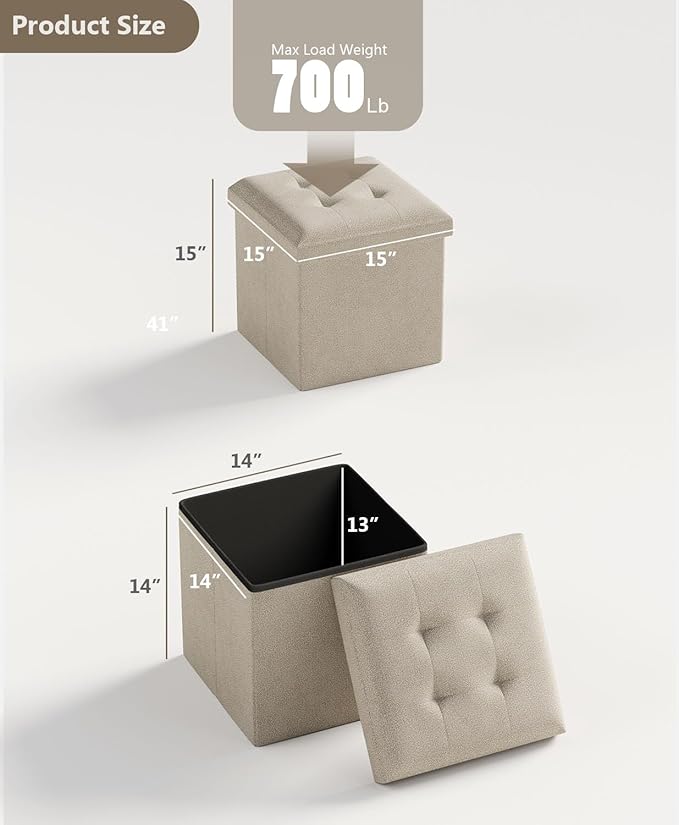 15 Inches Small Folding Storage Ottoman Cube, Storage Footrest, Foot Rest Stool, for Living Room, Bedroom, Dorm, Hallway, Entryway, Sandy Beige-Ruum Studio Home