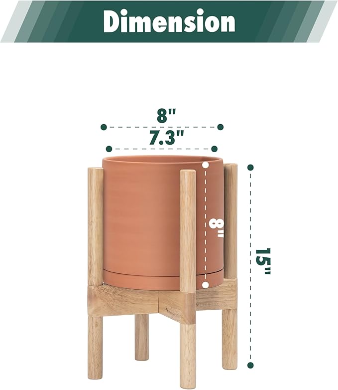 D'vine Dev Terracotta Planter with Natural Stand - 8 Inch Modern Round Flower Pot with Wood Planter Holder, Terracotta, 55-B-N-5-Ruum Studio Home