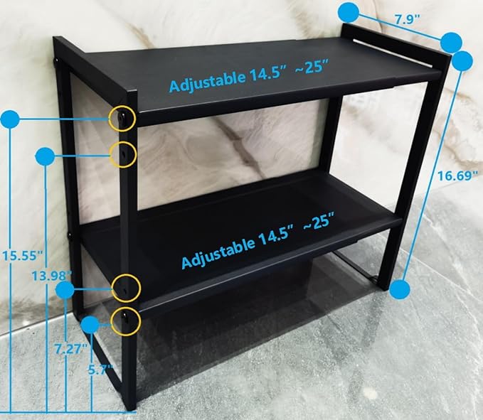 2 Tier Expandable Cabinet Shelf Organizer 14.5-25" L Kitchen Counter Shelf Rack Stand Sink Riser Countertop Storage Black (Normal 7.9”D)-Ruum Studio Home