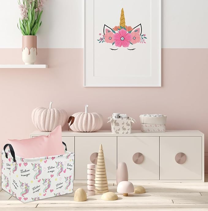 HIYAGON Rectangular Unicorn Basket Gift Baskets Empty Cute Storage Bin with Handles Nursery Room Decor(Unicorn)-Ruum Studio Home