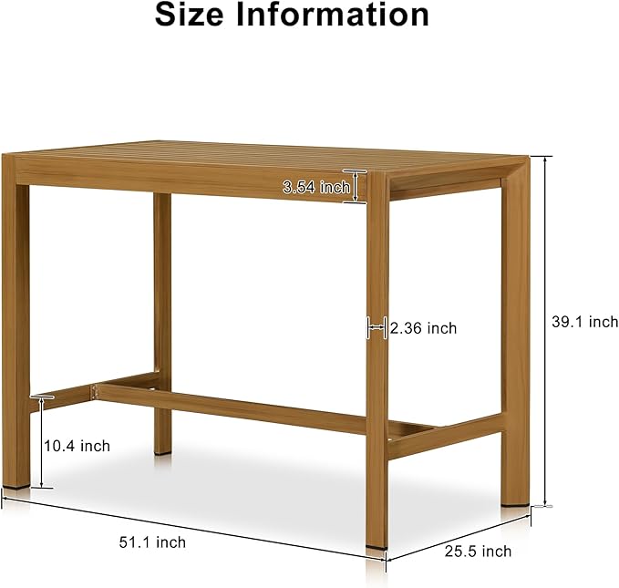 PURPLE LEAF 39.1'' Rectangle Outdoor Patio Counter Height Dining Table, Durable Aluminum Bar Height Pub Table for Counter Bar Stool, Water-Proof Tall Dining Table with Sturdy Legs, Teak-Ruum Studio Home