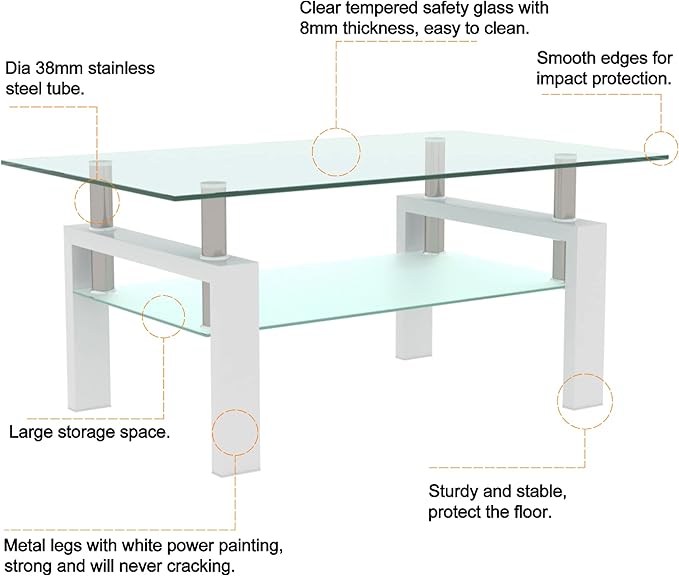 Glass Coffee Table Rectangle White Living Room Center Table, 39inch Transparent Tempered Glass Tabletop and Metal Frame, White + Clear Glass-Ruum Studio Home