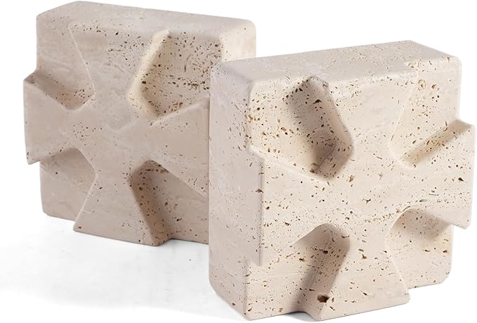 Natural Marble Bookends for Heavy Books, Heavy Duty Square Decorative Stone Book Ends for Shelves, Aesthetic Travertine Book Holder, Modern Office Bookshelf Stopper Decor, Beige, Set of 2-Ruum Studio Home