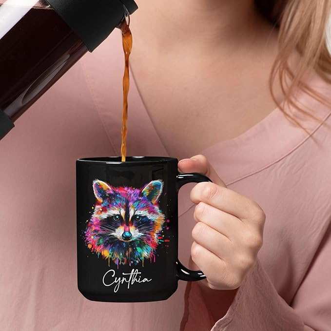 Colorful Raccoon Black Mug, Custom Choose Name Raccoon Coffee Cup, Gift For Men Women, Personalized Animal Lover Ceramic Mug, Customized Animal Design Cup 11oz 15oz-Ruum Studio Home