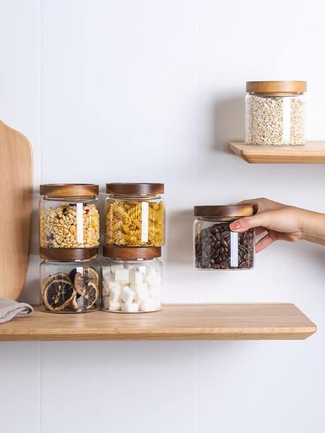 Kanwone Glass Storage Jars Set of 6, 17 Ounce Airtight Food Storage Containers with Bamboo lids, Clear Glass Canisters for Pantry, kitchen, Flour, Sugar, Tea, Coffee, Snack, Spice and Herbs-Ruum Studio Home