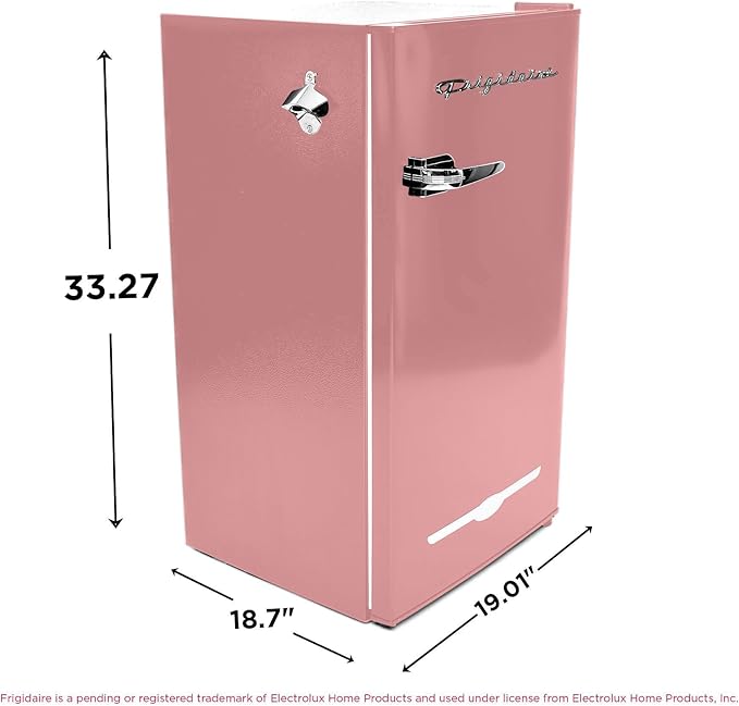 Frigidaire EFR376 Retro Bar Fridge Refrigerator with Side Bottle Opener, 3.2 cu. Ft, Pink/Coral-Ruum Studio Home
