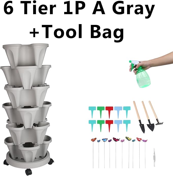 Vertical Planter, 6 Tier Stackable Strawberry Planter with Garden Tool Set, Movable Indoor/Outdoor Garden Herb Pot for Growing Vegetables and Succulents, Gray-Ruum Studio Home