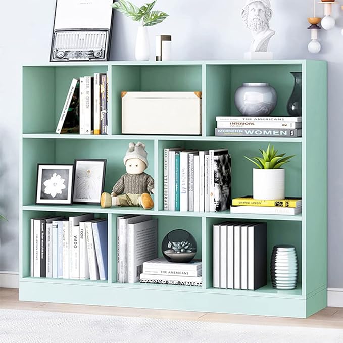 IOTXY Open Shelf Low Bookcase - Wooden 3-Tier Floor Standing Display Cabinet Organizer with Base, 8 Cubes Short Horizontal Bookshelf in Tiffany-Green-Ruum Studio Home