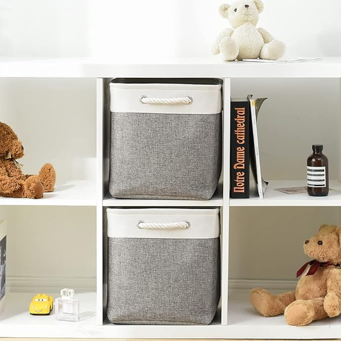 TcaFmac Organization and Storage Basket for Organizing - 16x12x12 inch Large 2 Pack Collapsible Storage Bins for Shelves, Fabric Storage Cubes for Box Closet Cloth Toy Books Kids (White & Grey)-Ruum Studio Home