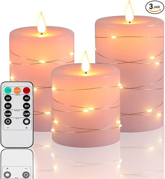 Pink Flameless Candles with String Lights Battery Operated Flickering LED Pillar Candles 4‘’ 5‘’ 6‘’ Candle with Remote Control, Set of 3-Ruum Studio Home
