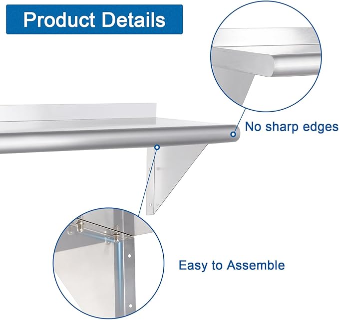 HARDURA Stainless Steel Shelf 12" x 72", 320lb Commercial Shelves Wall Mount Metal Shelving with Backsplash and Brackets for Kitchen, Restaurant, Laundry Room and Home-Ruum Studio Home