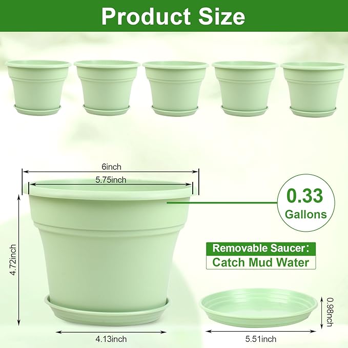 6 Inch Plastic-Flower Pot-for-Indoor Plants, 6 Pack Outdoor Plant Pots with Drainage Holes & Saucers, Resin Garden Pots Planters-Ruum Studio Home