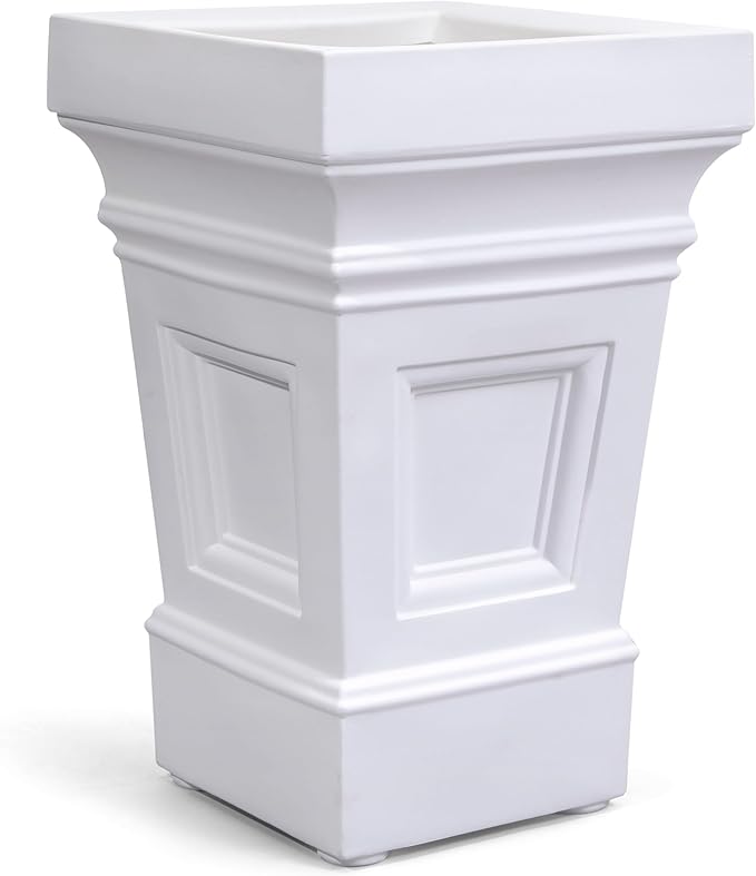 Step2 Atherton Square Planter, Large Planters for Outdoor Plants, Gardening and Flower Pot for Patio or Porch, Efficient Drainage, Durable Plastic, Classic White-Ruum Studio Home