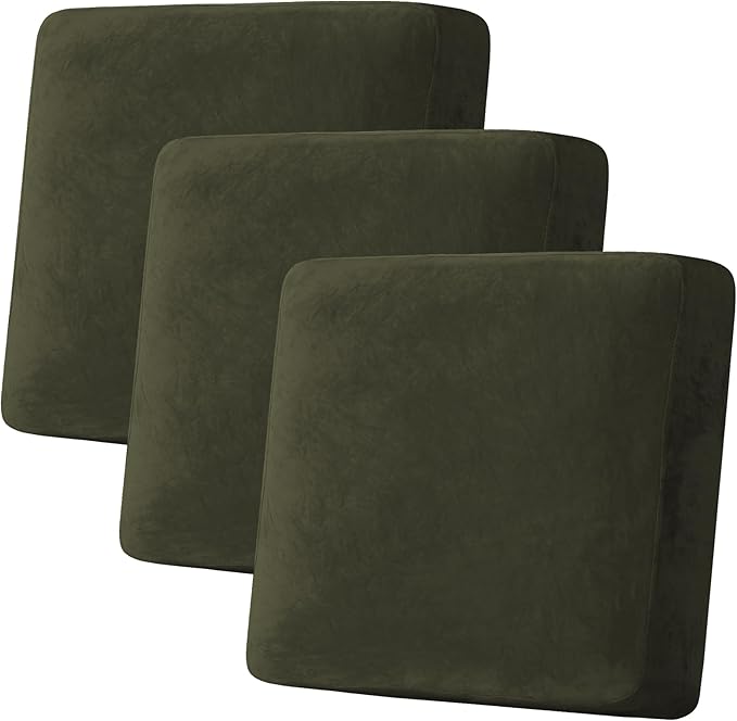 H.VERSAILTEX Velvet Stretch Couch Cushion Cover Plush Cushion Slipcover for Chair Loveseat Sofa Cushion Furniture Protector Seat Cushion Sofa Cover (3 Piece XL Sofa Cushion Covers, Olive)-Ruum Studio Home