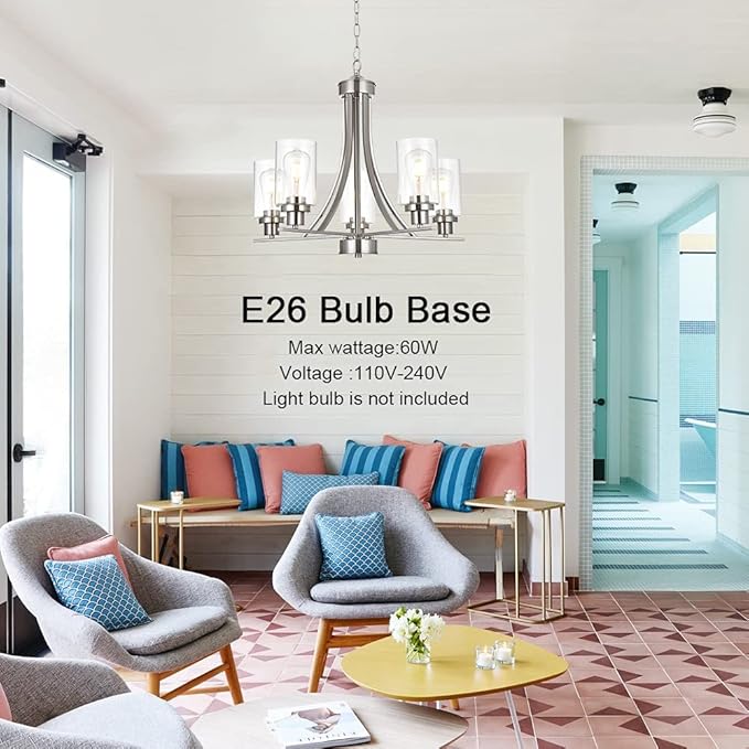 BONLICHT Traditional Chandelier Lighting 5 Light Brushed Nickel Modern Light Fixtures Hanging Pendant Lighting with Clear Glass Shade Classic Ceiling Lights for Kitchen Dining Room Living Room Island-Ruum Studio Home