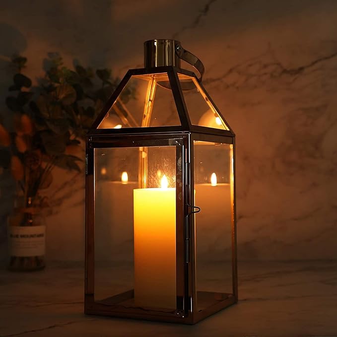 JHY Design Rose Gold Decorative Lanterns 16 inch High Stainless Steel Candle Lanterns with Tempered Glass for Indoor Outdoor Events Parities and Weddings-Ruum Studio Home