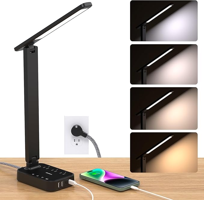 Addtam LED Desk Lamp, Power Strip with 3 Outlets 4 USB Charging Ports(2 USBC), 4 Modes 5 Level Brightness Touch Lamp, Small Desk Lamp for Home Office College Dorm Room Essentials, 10FT-Ruum Studio Home