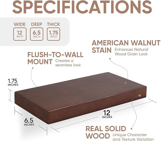 Homeforia Walnut 12 inch Floating Shelf, High End Solid Real Wood Small 12inch Floating Shelves for Wall Mounted, Dark Brown 12in Floating Shelves, Heavy Duty Bracket, 12 X 6.5 X 1.75 inches, Set of 4-Ruum Studio Home