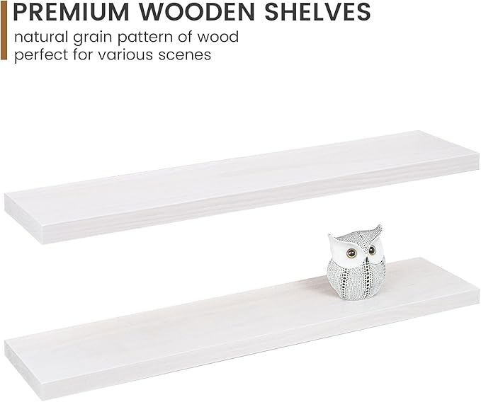 Floating Shelves 36 Inches Long - 8 Inch Deep Rustic Premium Solid Pine Wood for Storage - Farmhouse Wall Mounted for Living Room - Heavy-Duty Metal Bracket - 36" W x 8" D - Set of 2 - White Color-Ruum Studio Home