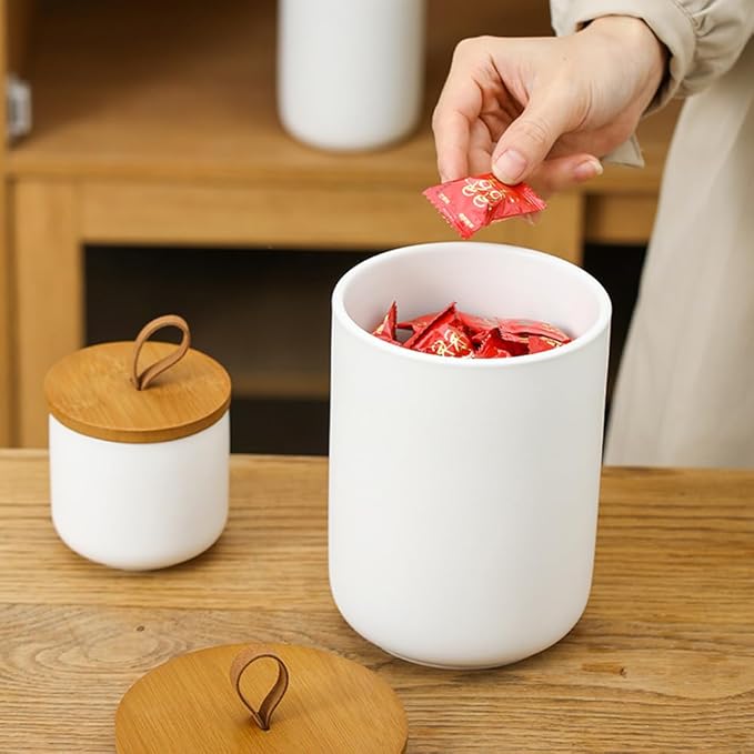 YYW Kitchen Canister Set for Countertop Set of 3, 9/28/45 oz Ceramic Food Storage Containers with Airtight Wood Lids, Food Saver Jars for Coffee, Tea, Candy, Flour(Three-piece suit in white)-Ruum Studio Home