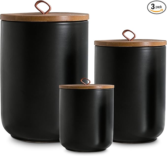Black Ceramic Canister Set with Wooden Lid, 3-Piece Food Storage Jars for Kitchen Counter, Storage Container for Coffee, Tea, Spice, Sugar, Grains, Salt-Ruum Studio Home