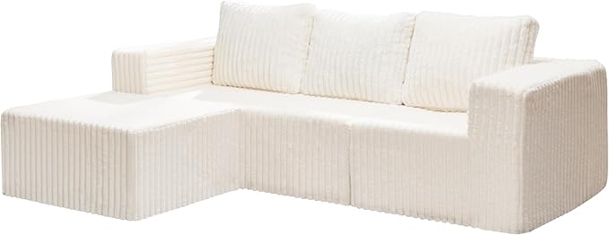 Hobestluk Modular Sectional Sofa Memory Foam Couch Oversized Sectional Sofa 3-Seater with Chaise Cloud Couch with Removable Cover L Shape Sofa for Living Room (Strip White, 3-Seater with Chaise)-Ruum Studio Home