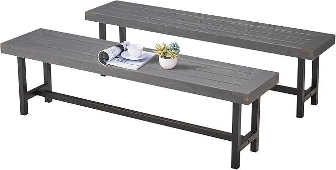 AVAWING Outdoor Wood Benches Set of 2, 63" Patio Wooden Picnic Bench for 6 Persons, Rectangular Bench for Porch, Balcony and Deck,Grey-Ruum Studio Home