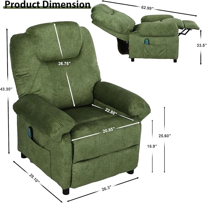 KCREAM Green Massage Recliner Chair, Small Recliners for Small Spaces, Overstuffed Recliners Living Room Chairs for Adults Fabric Manual Recliner Chairs with Heating Single Sofa Chair-Ruum Studio Home