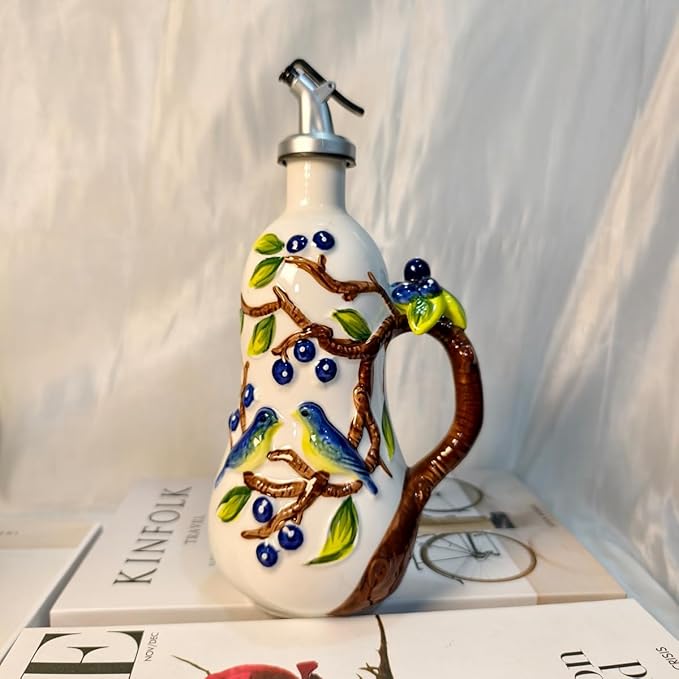 18 Oz Hand Painted Relief Ceramic Olive Oil Bottle Dispenser for Kitchen, Oil and Vinegar Bottle, Seasoning Bottle with Stainless Steel Nozzle, 540mL Oil Container with Handle for Cooking, Light Proof-Ruum Studio Home