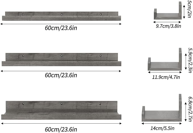 Giftgarden 24 Inch Grey Floating Shelves for Wall Mount, Gray Wood Wall Shelf Ledge for Bathroom Bedroom Living Room Kitchen Storage, Set of 3 Different Sizes-Ruum Studio Home