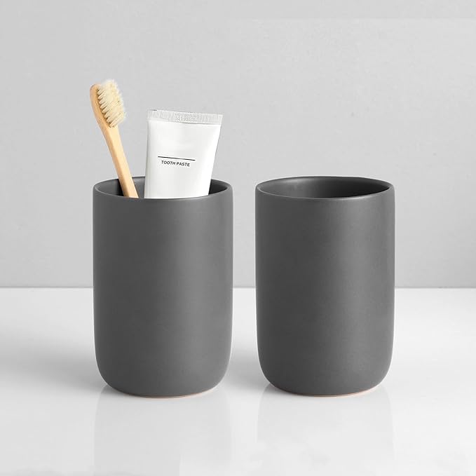 Matte Grey Toothbrush Holders - Ceramic Toothpaste Holders Set, Reusable Toothbrush Cup, Bathroom Counter Organizer-Ruum Studio Home