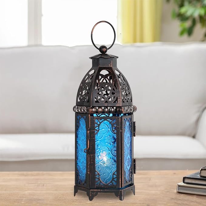 NEEDOMO Hanging Moroccan Lantern, 11'' Vintage Candle Holder, Metal Lanterns Decorative Indoor Outdoor, Table, Patio, Porch, Shelf, Gothic Home Decor (Blue, Medium Size)-Ruum Studio Home