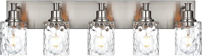 BONLICHT 5 Lights Sconces Wall Lighting Brushed Nickel with Hammered Glass Shade, Industrial Bathroom Light Fixtures Vanity Lights Porch Light Fixtures Classic Metal Wall Mount Lamp Over Mirror-Ruum Studio Home