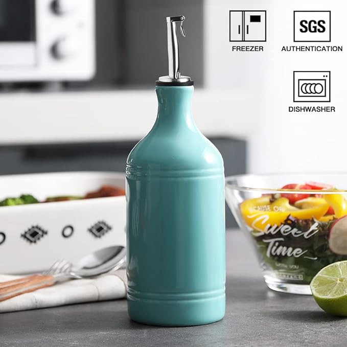 Sweejar Ceramic Olive Oil Dispenser Bottle, Opaque Oil Cruet Protects Oil to Reduce Oxidation, Suitable for Storage Oil, Vinegar, Coffee Syrups & Other Liquids, Pack of 1, 15.5 Fl Oz (Turquoise)-Ruum Studio Home