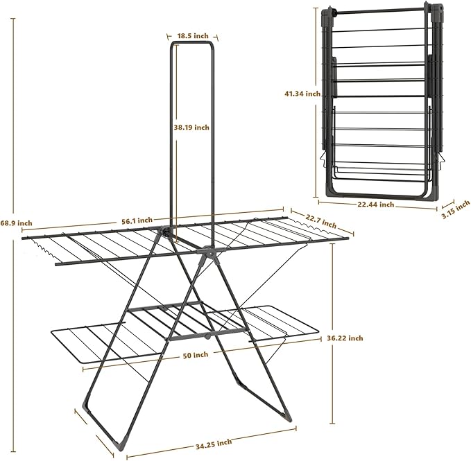 Bigzzia Clothes Drying Rack Foldable, 68.9Inch High Hanger Laundry Drying Rack with 4 Height-Adjustable Wings, Lightweight and Space Saving Clothes Airer for Apartments, Dorms, Camping-Ruum Studio Home
