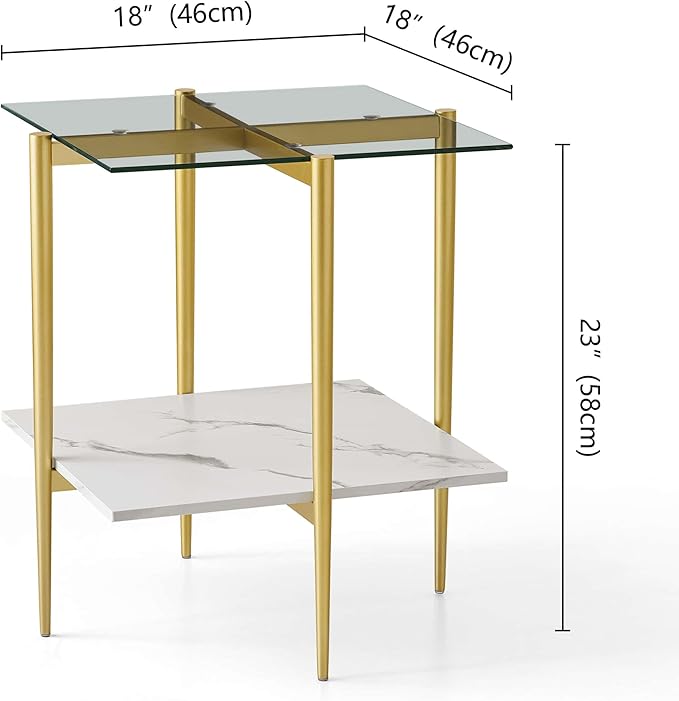 Square Glass End Table, Mid-Century Modern Design Sofa Table, for Living Room, L18 x W18 x H23, Clear Glass Top and White Marble MDF Shelf, Sleek Conical Metal Legs with Gold Finish-Ruum Studio Home