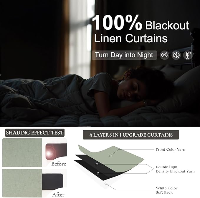 Light Sage Green Linen Textured Blackout Curtains 102 Inch Length 2 Panel Back Tab Sound Draft Cold Sun Blocking Winter Curtains Noise Reducing Retro Moody Drapes Living Room Divider Bedroom 102 Long-Ruum Studio Home